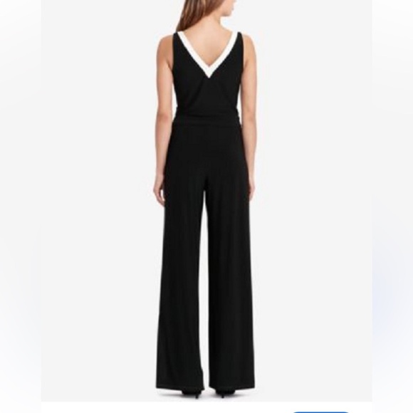 LAUREN RALPH LAUREN BLACK WITH IVORY V NECK WIDE LEG JUMPSUIT, size L (NO BELT) - Picture 2 of 10